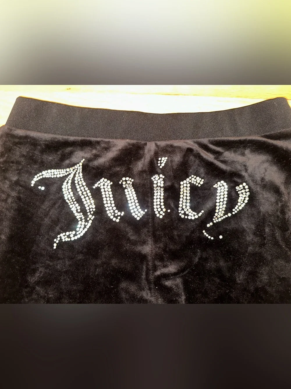 Y2K Distressed Juicy Couture Black Rhinestone Velour Pants - Picture 3 of 10